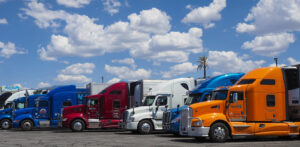Row of American trucks parked at truck stop
