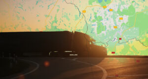 Big truck moving on the highway on a geographical map. Delivery of goods.