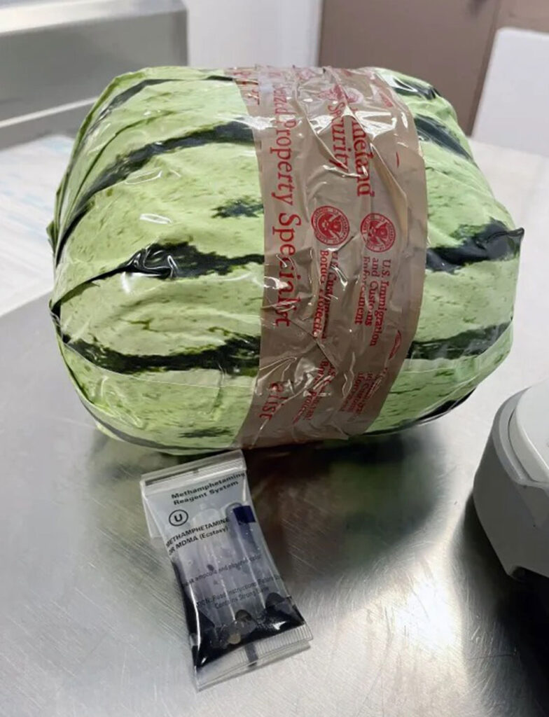 Each package of methamphetamine was wrapped in paper and disguised as a watermelon. (Courtesy: CBP)