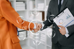 Business partnership handshake concept.Photo two coworkers handshaking process.Successful deal after great meeting.