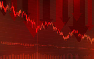 abstract financial chart with downtrend line graph and arrow in stock market on red color background