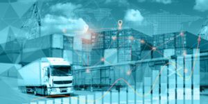 Freight transportation, logistics. Global transport network, chart of growth of delivery, export or import volumes against background of delivery vehicles and industrial containers at cargo terminal