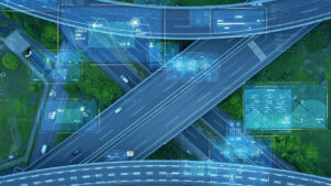 Driving cars oh highway and information communication technology concept. Aerial view. ITS. MaaS.