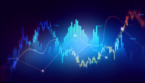 Stock market investment data and analysis finance graph. Business financial chart with moving up arrow graph.