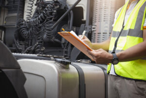 Maintenance and repairing. A truck driver holding clipboard checking safety a large fuel tank of semi truck.