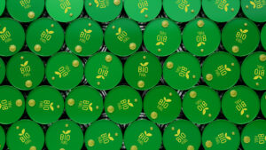 Wall of biofuel barrels or biodiesel drums. Sustainable energy concept. 3d render illustration