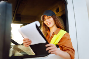 Woman truck driver steering wheel inside lorry cabin with clipboard.