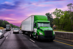 Truck with container on highway, cargo transportation concept in Atlanta, United States