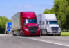 Red, White, and Blue Trucks On Interstate With Copy Space