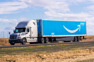 Amazon truck driving on the interstate