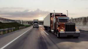 American style truck on freeway pulling load. Transportation theme. 3D illustration