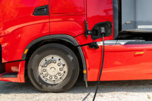 Electric truck batteries are charged from the charging station