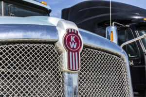 Indianapolis Circa June 2017: Grille and Logo of a Kenworth Big Rig Semi Tractor Trailer. Kenworth is a division of PACCAR I