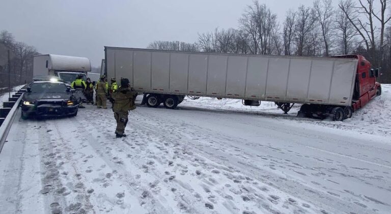 Collison on  I-80 involving Pennsylvania State Police cruiser and semi clogs traffic