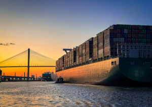 Container ship arriving in Savannah, Georgia, port