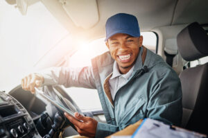 Portrait, delivery driver and African man in van for shipping, ecommerce and distribution service. Face, courier and happy worker in truck for cargo transportation, freight and supply chain logistics