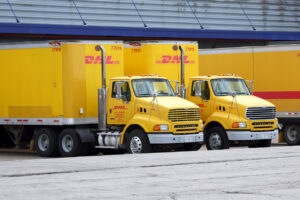 DHL trucks at a distribution hub in Chicago