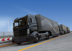 Fleet of autonomous hybrid trucks driving on highway