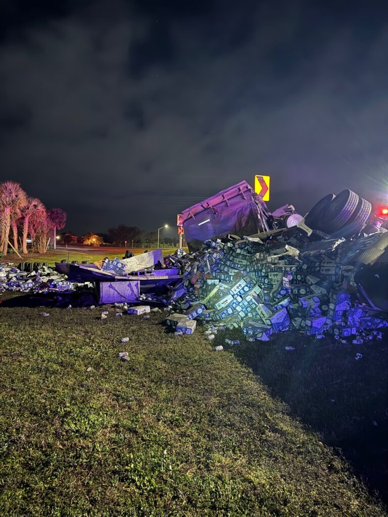 Semi-truck crash leaves cases of Busch Light, Budweiser along Florida highway