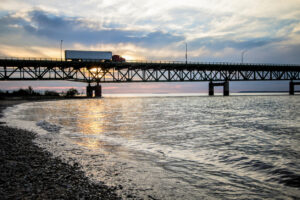 Semi Truck Crossing The Mackinaw Bridge On Interstate 75