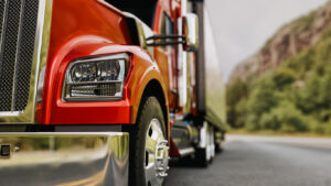 The truck runs on the highway with speed. 3d rendering and illustration.