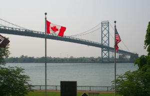 Ambassador Suspension Bridge and Flags in Windsor, ON, Canada