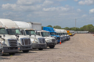 Row of semi truck and prime mover trucks in outdoor lot for sale at auction